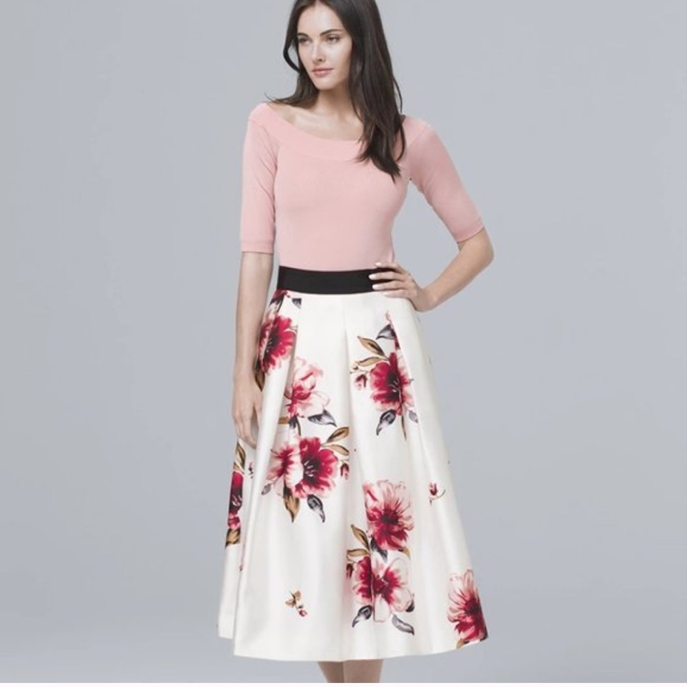 WHBM White and Pink Floral Full Midi Skirt, 00